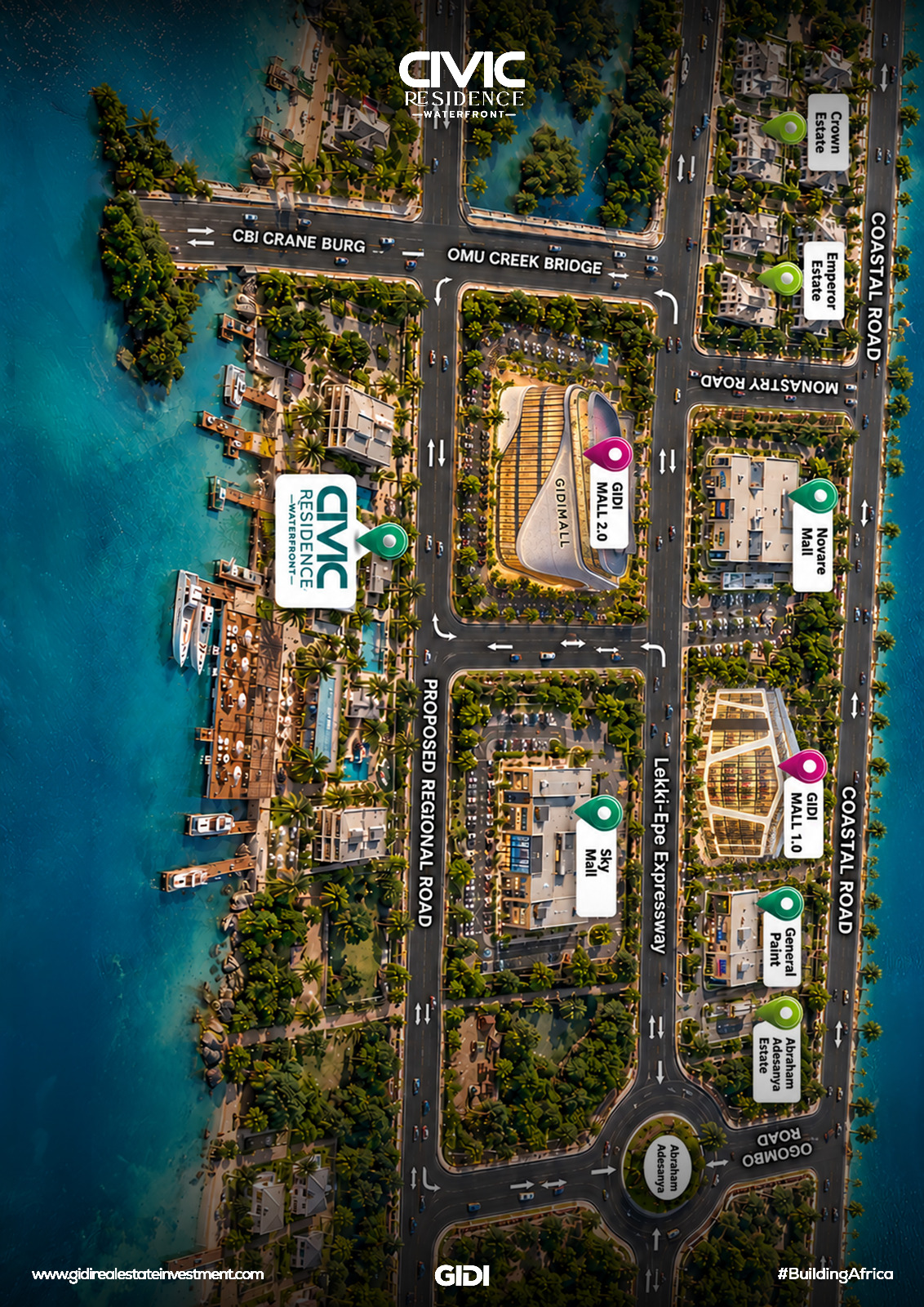 Secure Civic Residence waterfront land for sale in Sangotedo, near Ajah. Features an artificial beach, private jetty, and golf course.