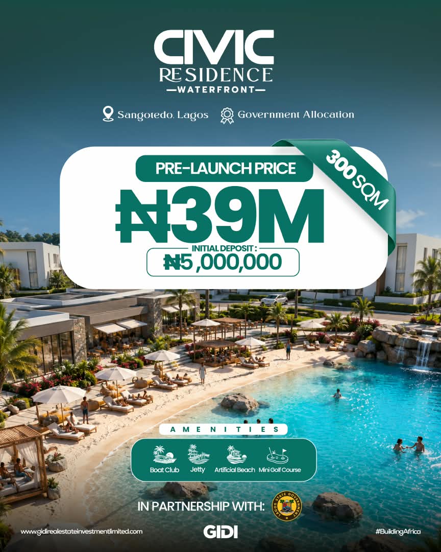 Secure Civic Residence waterfront land for sale in Sangotedo, near Ajah. Features an artificial beach, private jetty, and golf course.