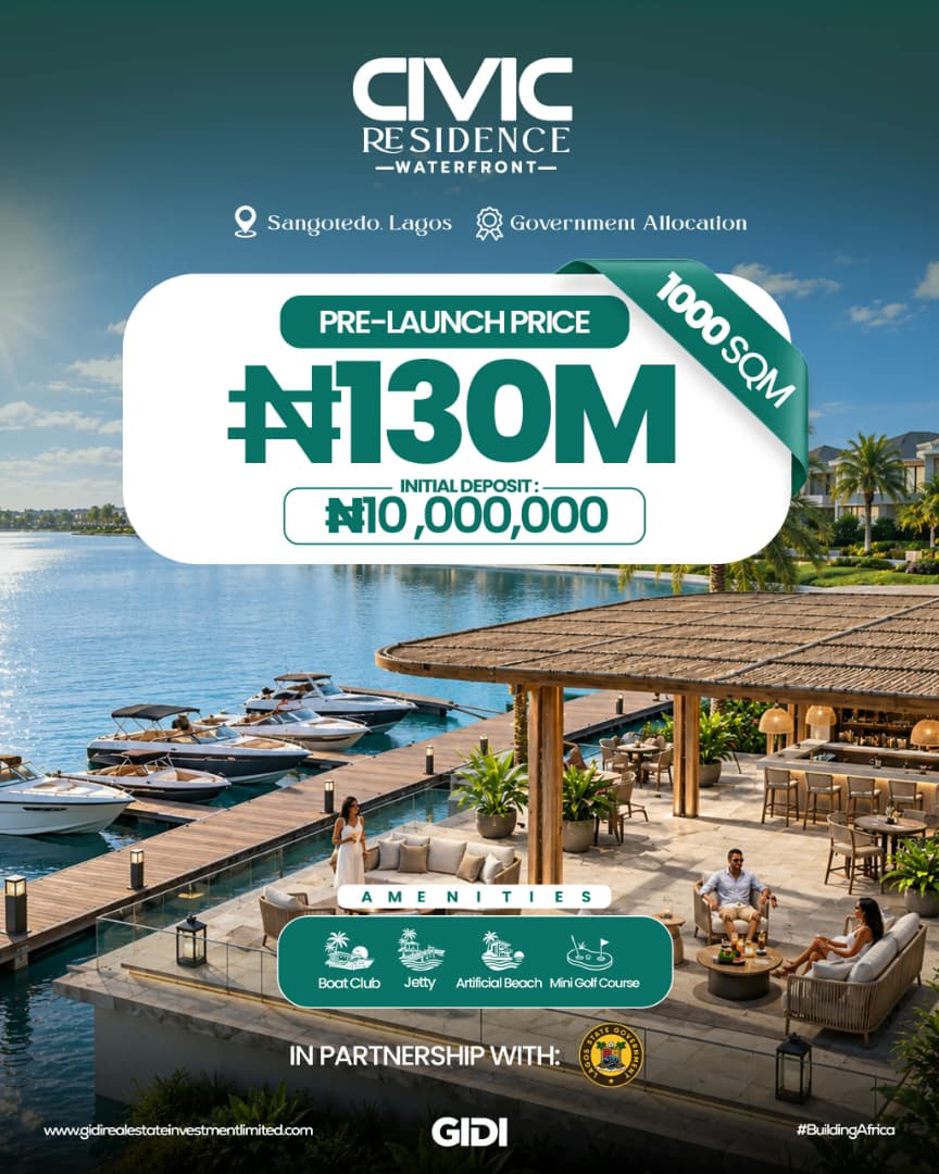 Secure Civic Residence waterfront land for sale in Sangotedo, near Ajah. Features an artificial beach, private jetty, and golf course.