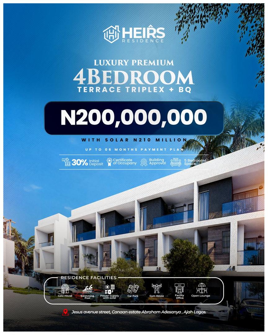 Heirs Residence Sangotedo Lekki-Epe Expressway. Apartments & triplexes with C of O. Secure yours with a 30% deposit & 6 months interest-free