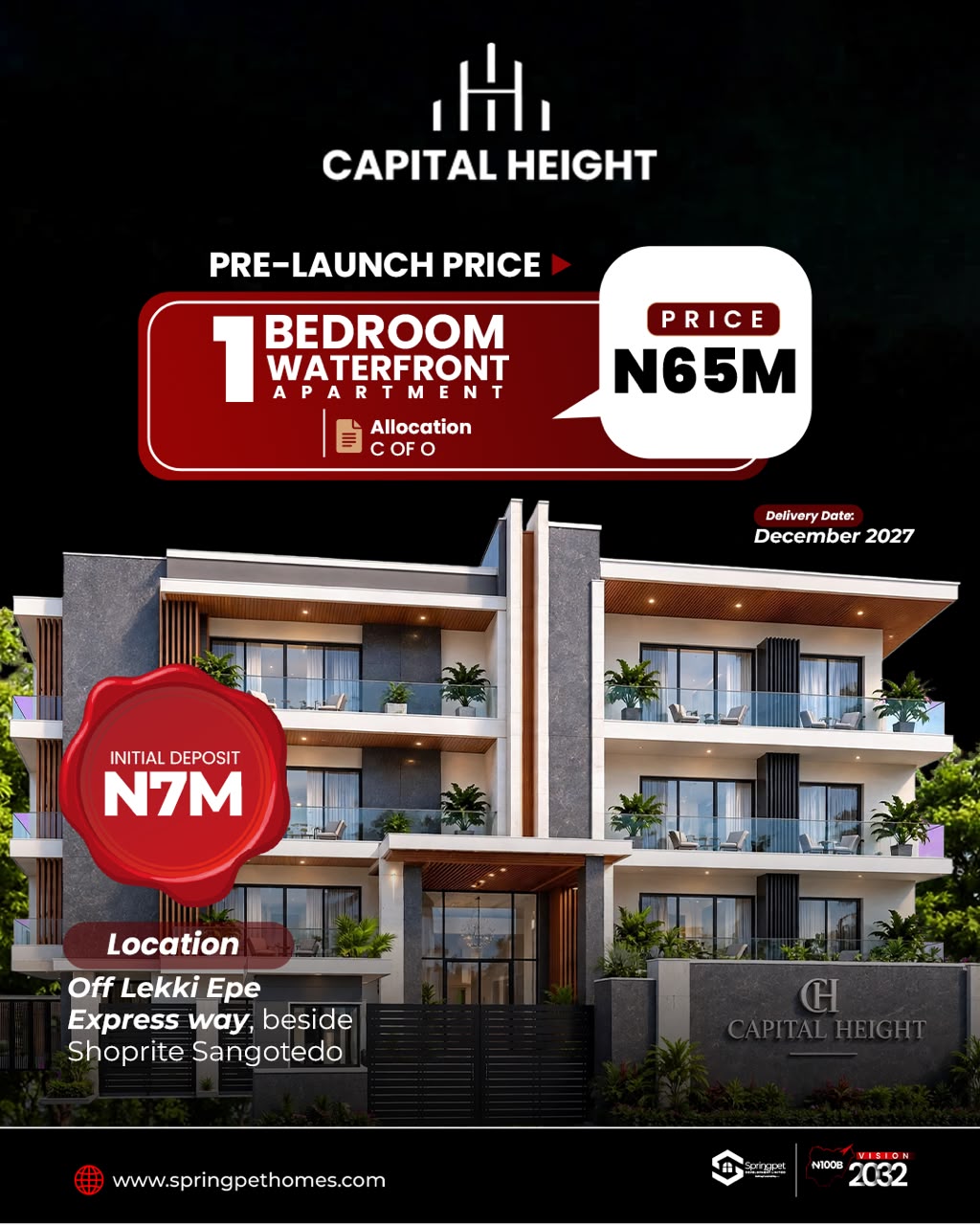 Capital Height Apartment 2 Bedroom Waterfront in Sangotedo beside Shoprite. Pre-launch at ₦79M with ₦7M deposit & 10-month plan. Invest today