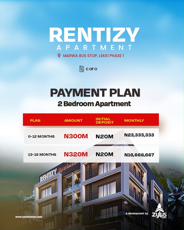 Buy luxury 2 & 3 bedroom apartments at Rentizy Apartment, Lekki Phase 1 (Marwa Bus Stop. C of O title, ₦20M deposit & 12-18 month payment plan
