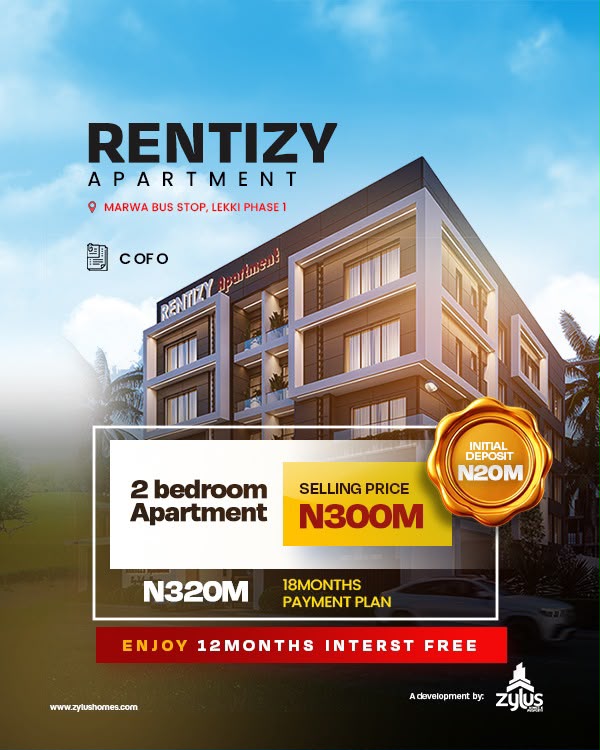 Buy luxury 2 & 3 bedroom apartments at Rentizy Apartment, Lekki Phase 1 (Marwa Bus Stop. C of O title, ₦20M deposit & 12-18 month payment plan