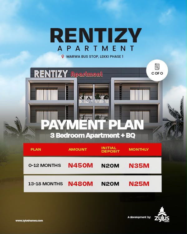 Buy luxury 2 & 3 bedroom apartments at Rentizy Apartment, Lekki Phase 1 (Marwa Bus Stop. C of O title, ₦20M deposit & 12-18 month payment plan