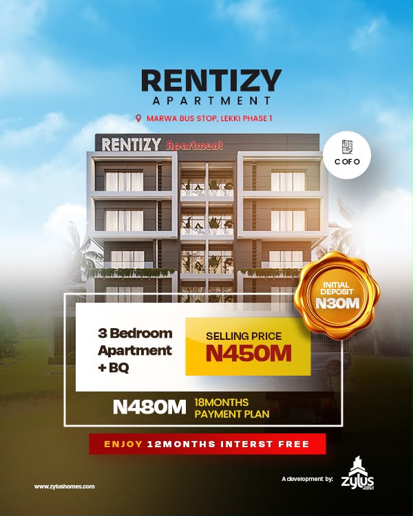 Buy luxury 2 & 3 bedroom apartments at Rentizy Apartment, Lekki Phase 1 (Marwa Bus Stop. C of O title, ₦20M deposit & 12-18 month payment plan