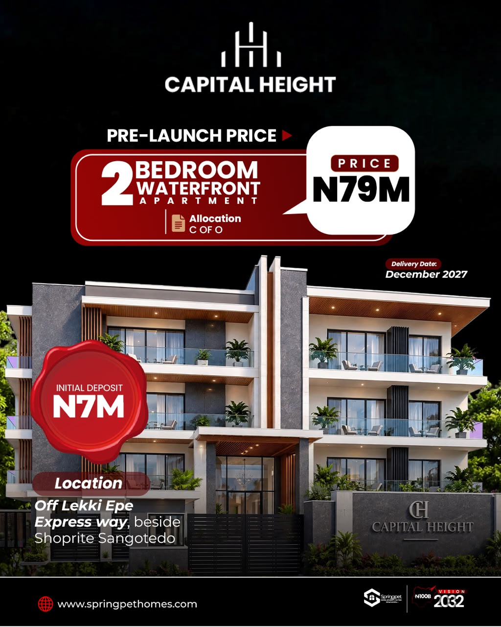 Capital Height Apartment 2 Bedroom Waterfront in Sangotedo beside Shoprite. Pre-launch at ₦79M with ₦7M deposit & 10-month plan. Invest today