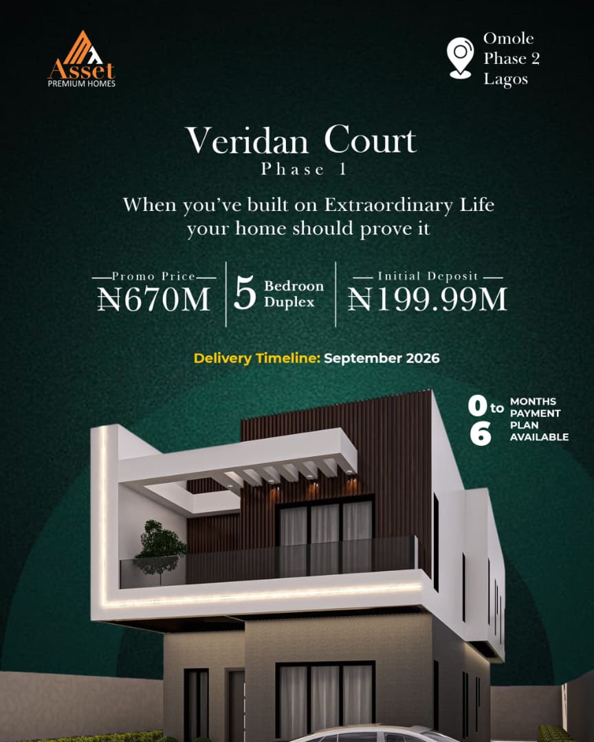 Veridian Court in Omole Phase 2, Lagos. Own a luxury 5-bedroom fully detached duplex with C of O from ₦670m. Book a private tour today