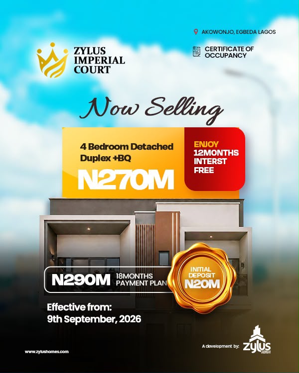 Buy a luxurious 4 bedroom detached duplex at Zylus Imperial Court, Egbeda, Lagos with C of O. With a ₦20M initial deposit. 2348138623765